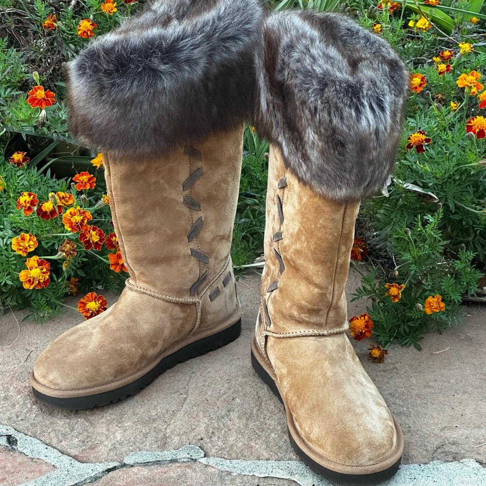 UGG Tan Suede Boots with Fur Trim